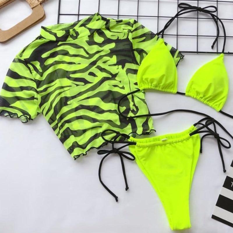 Conjunto Elisa - Biquíni cortininha neon com cropped 3 peças - Bliven